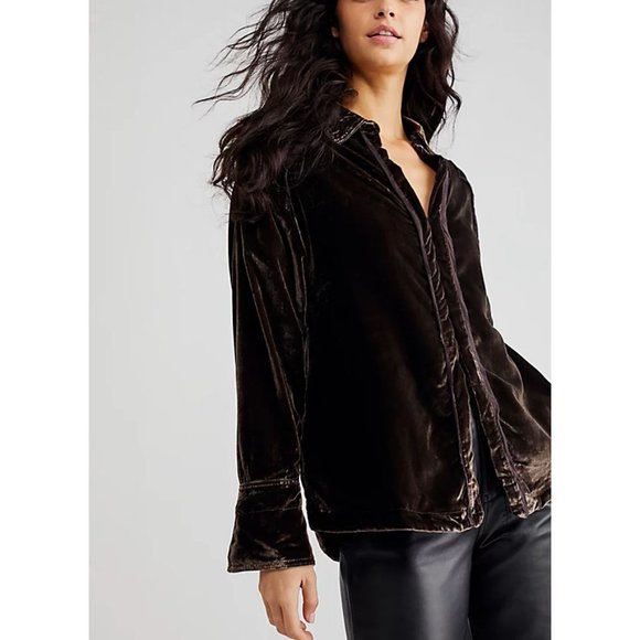 FREE PEOPLE Marianne Velvet Shirt / Midnight Brown - Picture 6 of 9